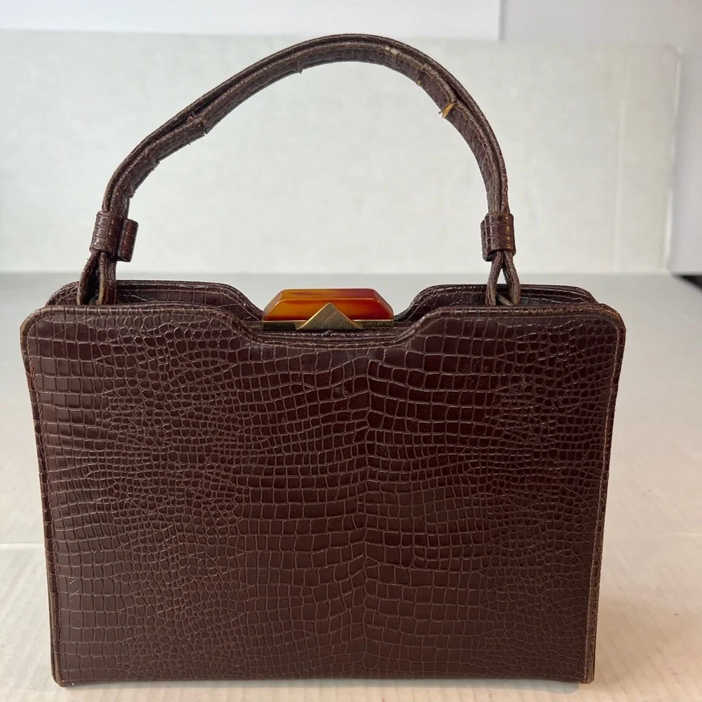 Vintage Gaymode Crocodile Or Alligator Purse Handbag‎ Bakelite Clasp